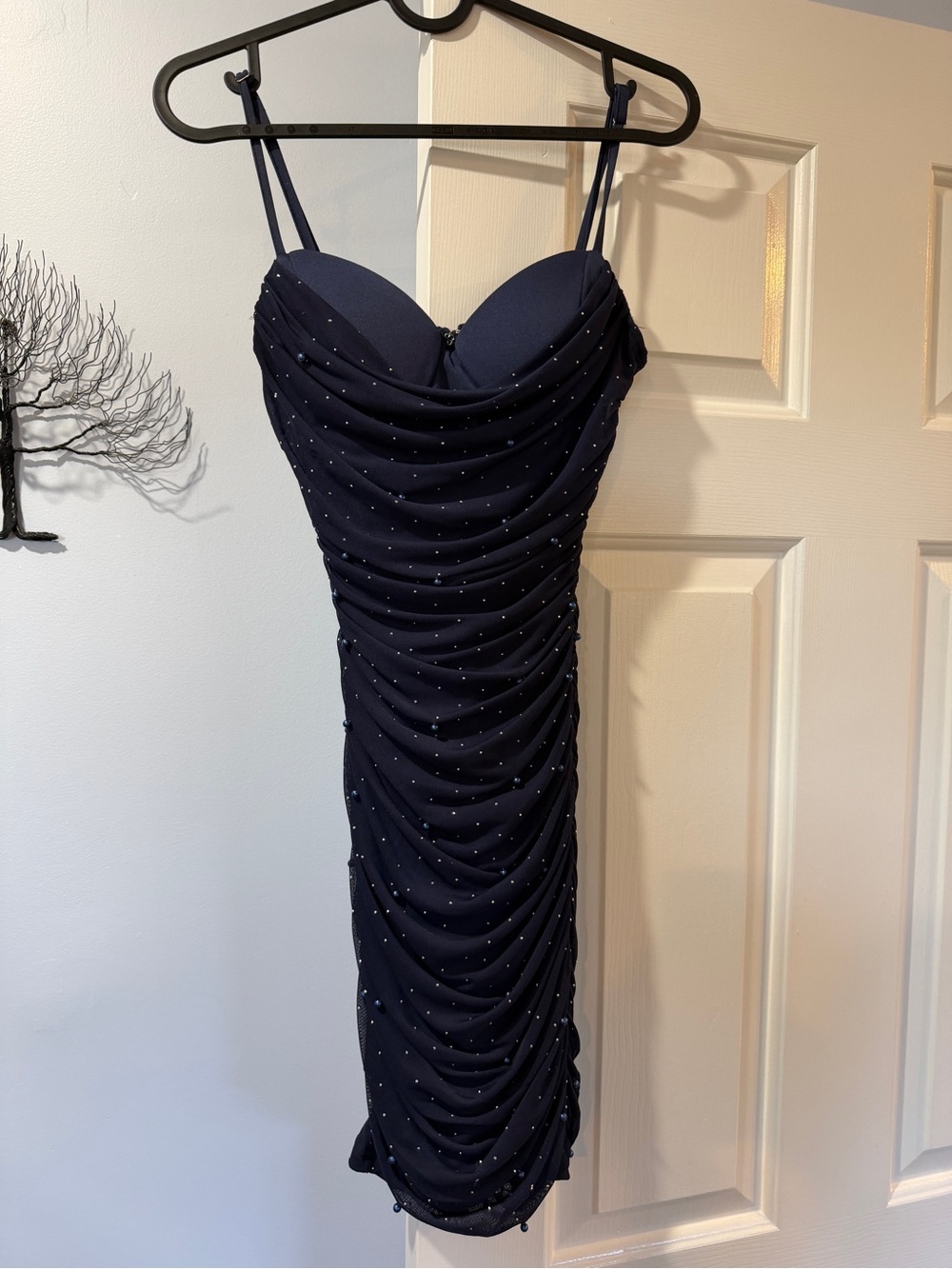 Windsor Navy Ruched Spaghetti Strap Midi Dress